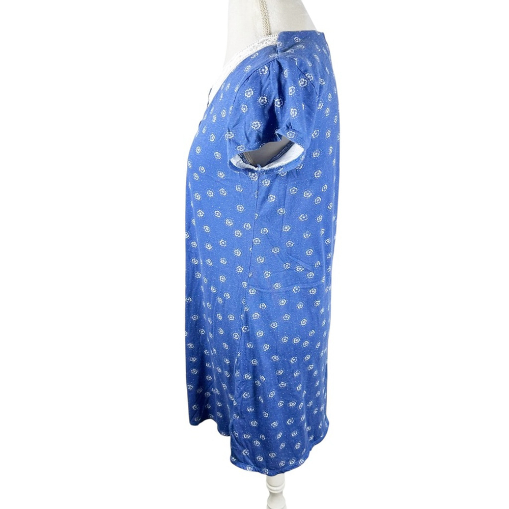 Eileen West V-Neck Henley Button Nightgown Blue Floral Knit Cotton Cottage Sz S - Picture 3 of 7